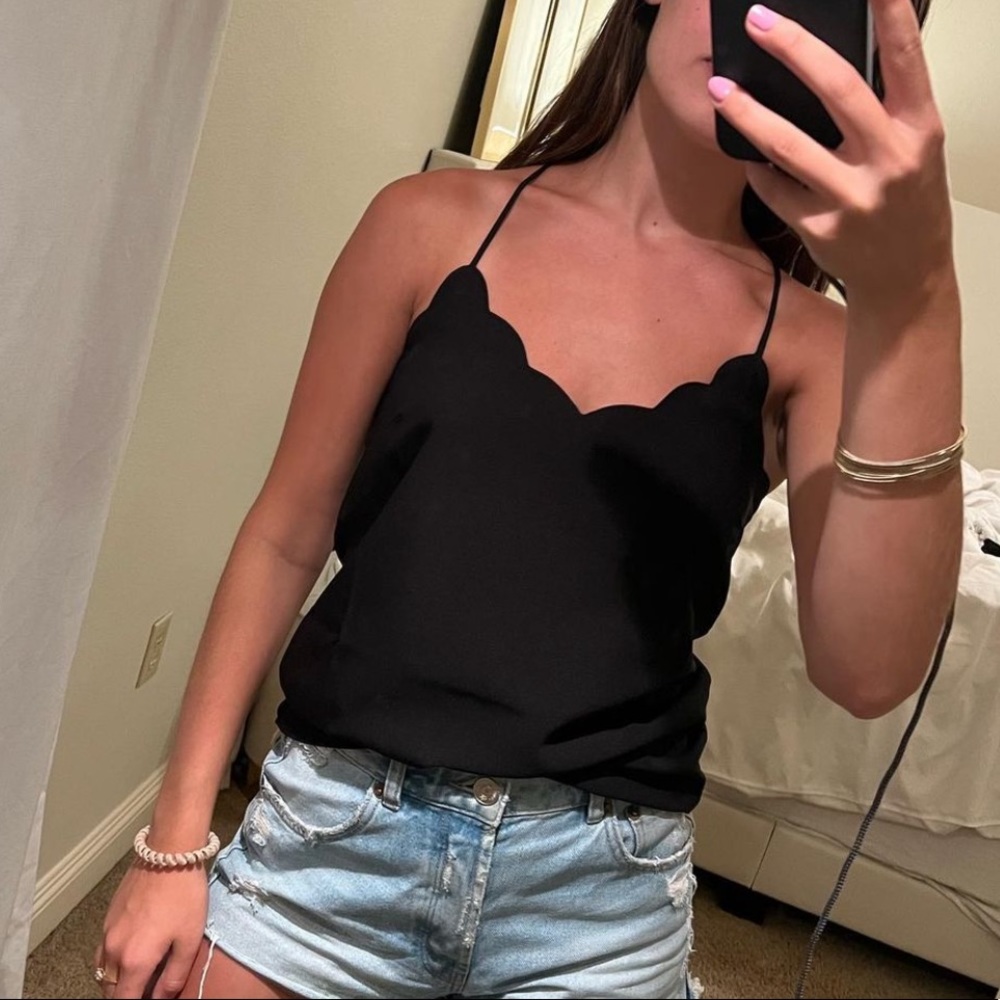 J crew scalloped black top